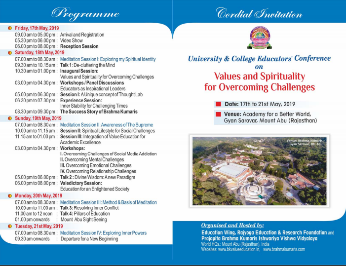 University & College Educators' Conference at Mount Abu: Folder & Registration Form Link (17th to 21st May, 2019)